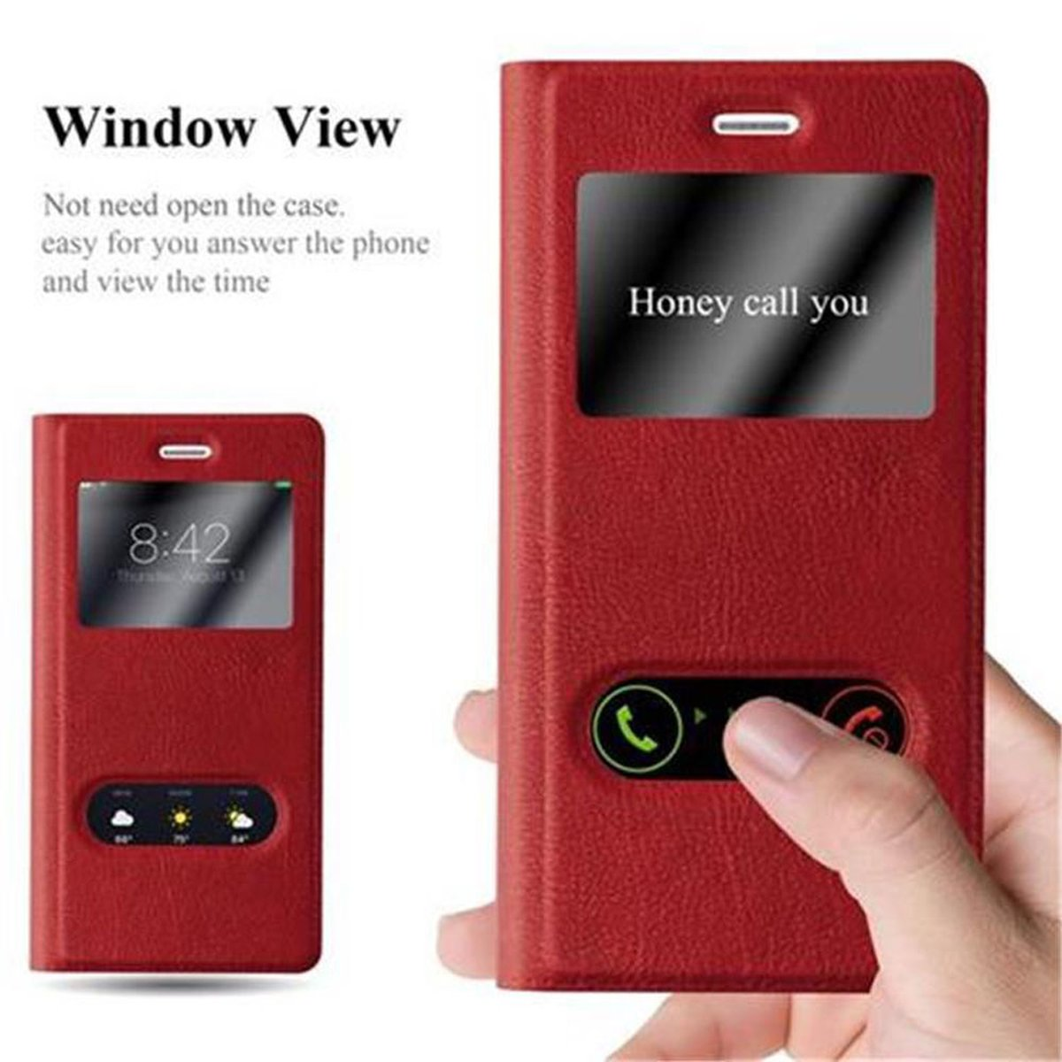 Funda roja para teléfono, cerrada y abierta. La funda abierta muestra una pantalla con una llamada y la hora. El texto dice Vista de ventana.