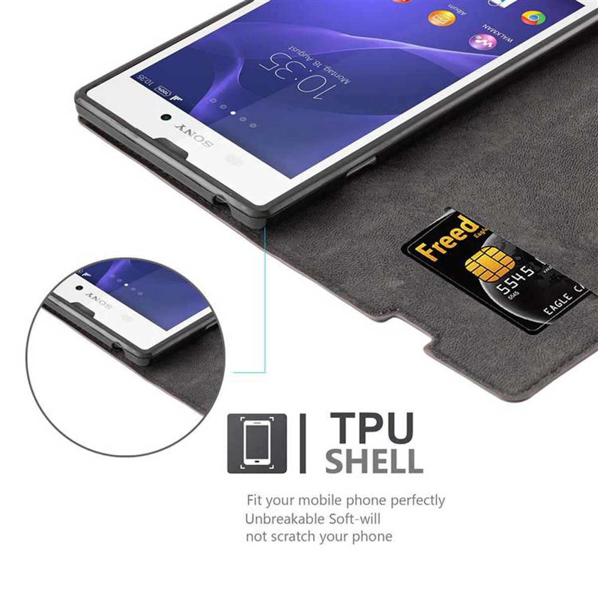 Ein Telefon in einer grau-schwarzen Hülle mit einer Karte darin. Der Bildschirm des Telefons ist sichtbar und zeigt die Uhrzeit.