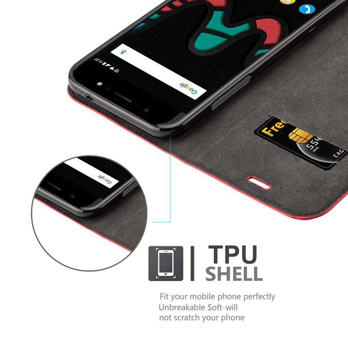 Telefon in Hülle mit Karte. Text: TPU-SCHALE, Passen Sie Ihr Mobiltelefon perfekt an, Unzerbrechlich Weich-will...