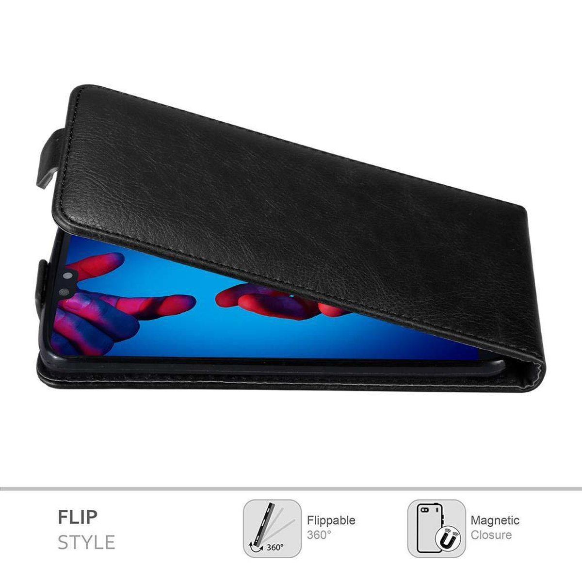 Custodia a libro nera con telefono all'interno. Mostra 'Flip Style' e icone per ribaltabile, 360 e chiusura magnetica.
