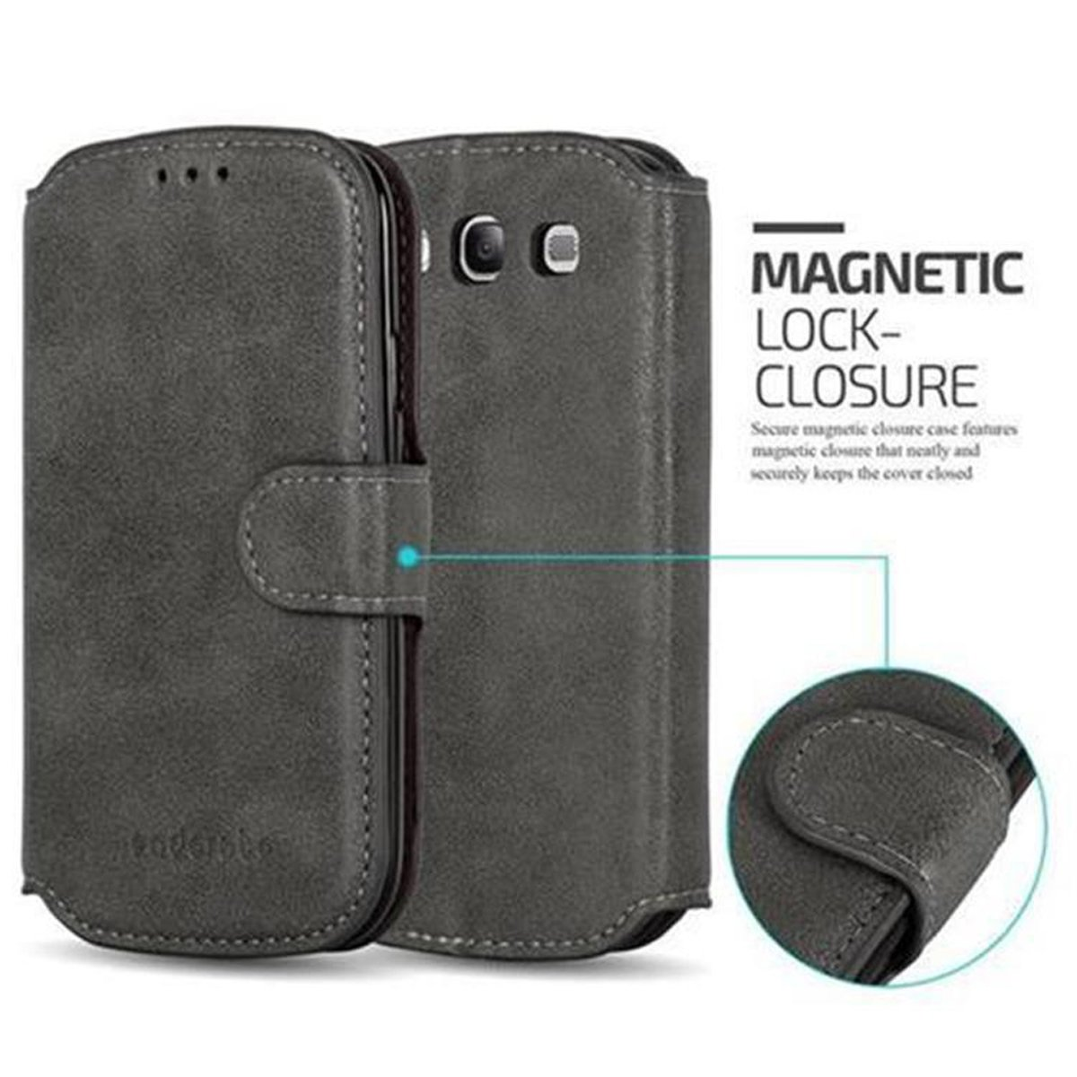 Funda gris para teléfono con cierre magnético. La funda tiene un cierre magnético y el teléfono está dentro.