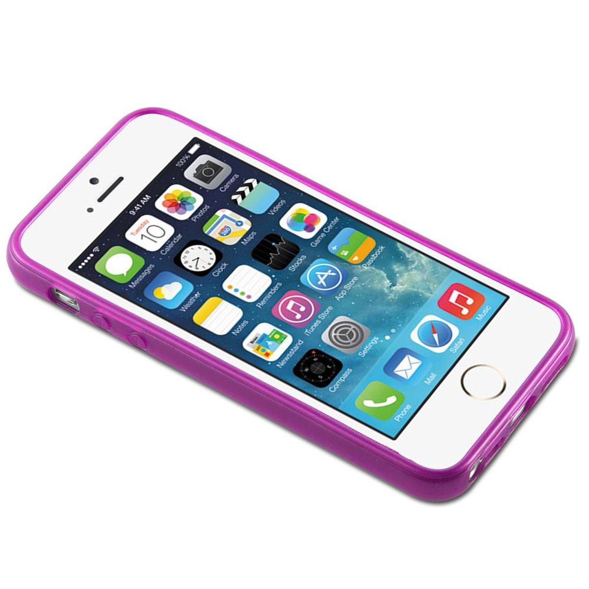 Iphone in custodia rosa. Schermo del telefono con icone delle app. Visualizzazione dell'ora 9:41 AM.