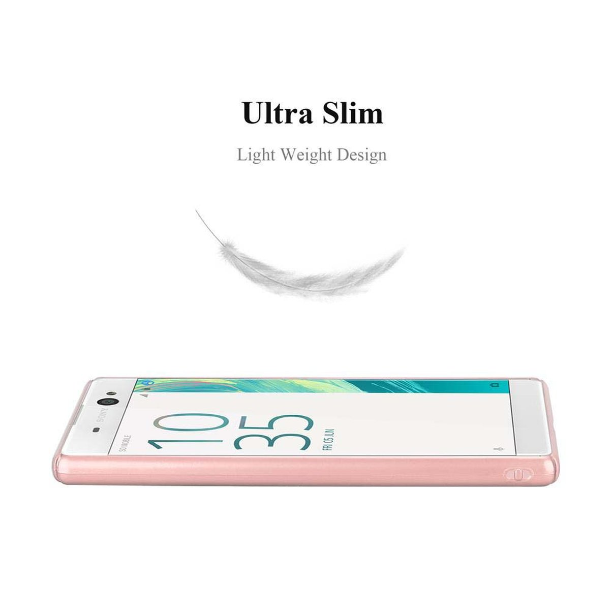 Funda rosa con teléfono, pluma gráfica y texto 'Ultra Slim, Light Weight Design'.