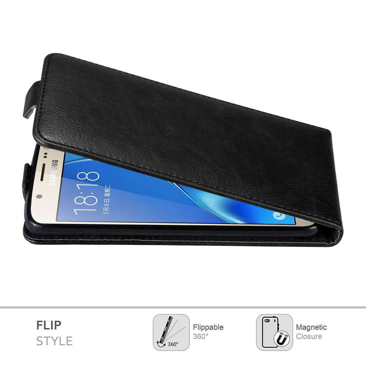 Schwarze Handyhülle, offen mit Telefon darin. Text unten: 'Flip Style'.