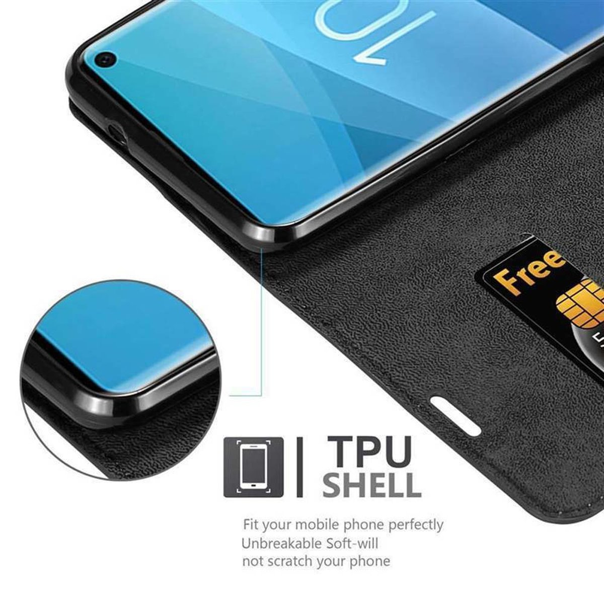 Telefono in una custodia con carta di credito. Caratteristiche: guscio in TPU e testo: Infrangibile, Morbido, non graffia il telefono.