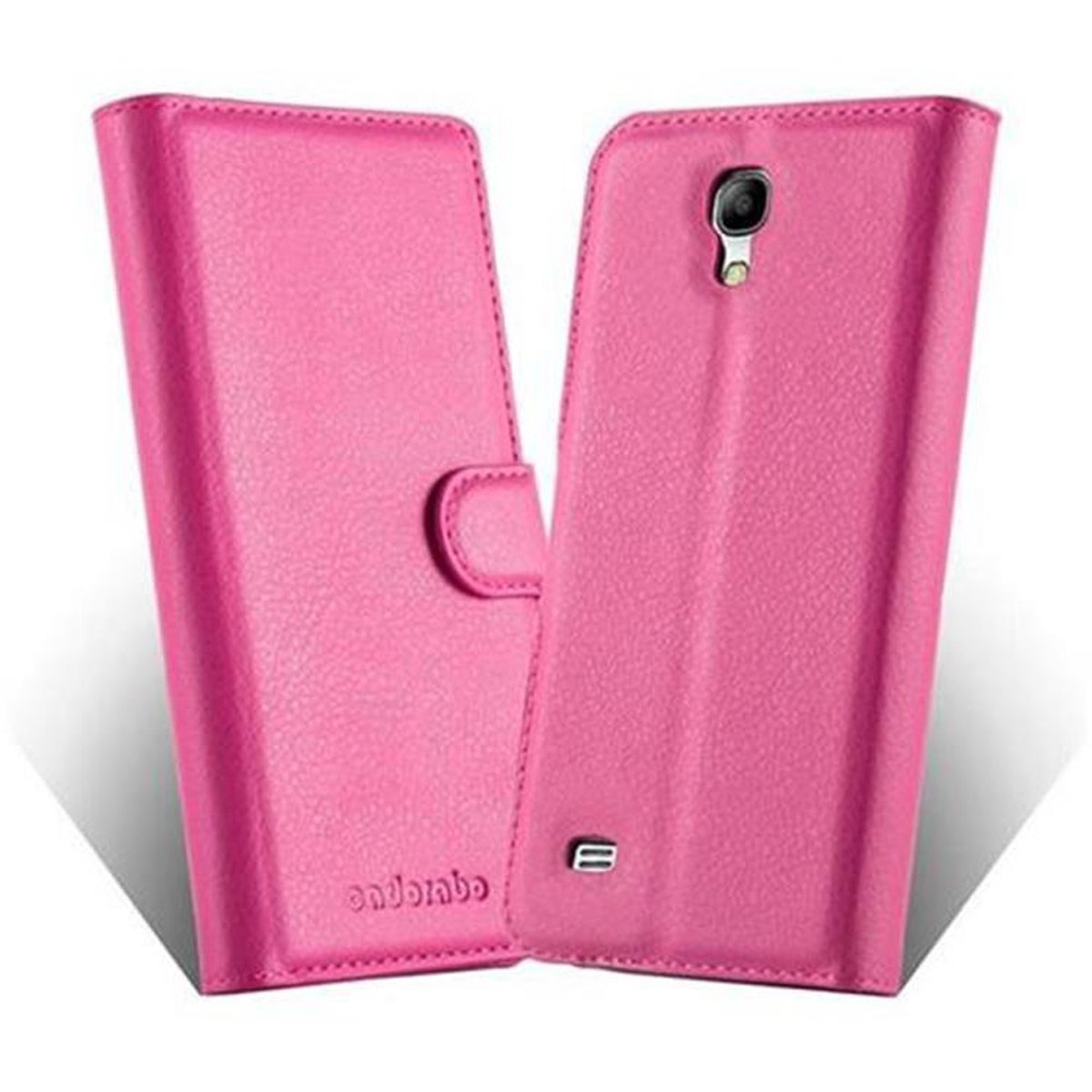 Custodia per telefono rosa aperta, il telefono non è visibile. La custodia ha un pulsante.