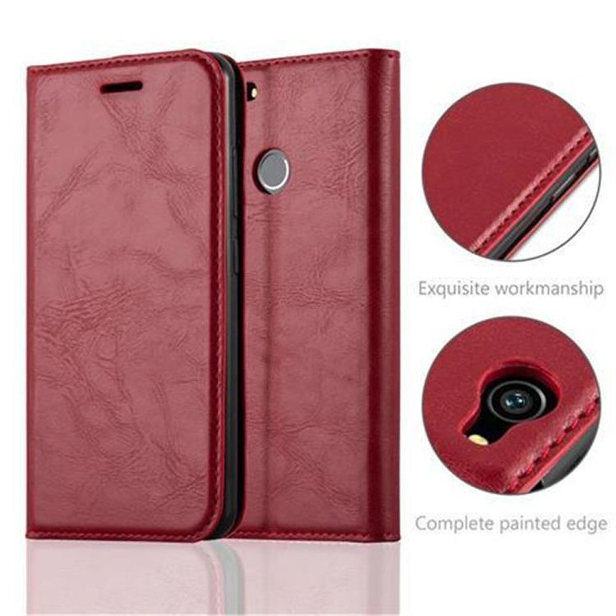 Custodia per telefono rossa, chiusa. I dettagli mostrano la fotocamera e il bordo della custodia. La custodia è rossa.