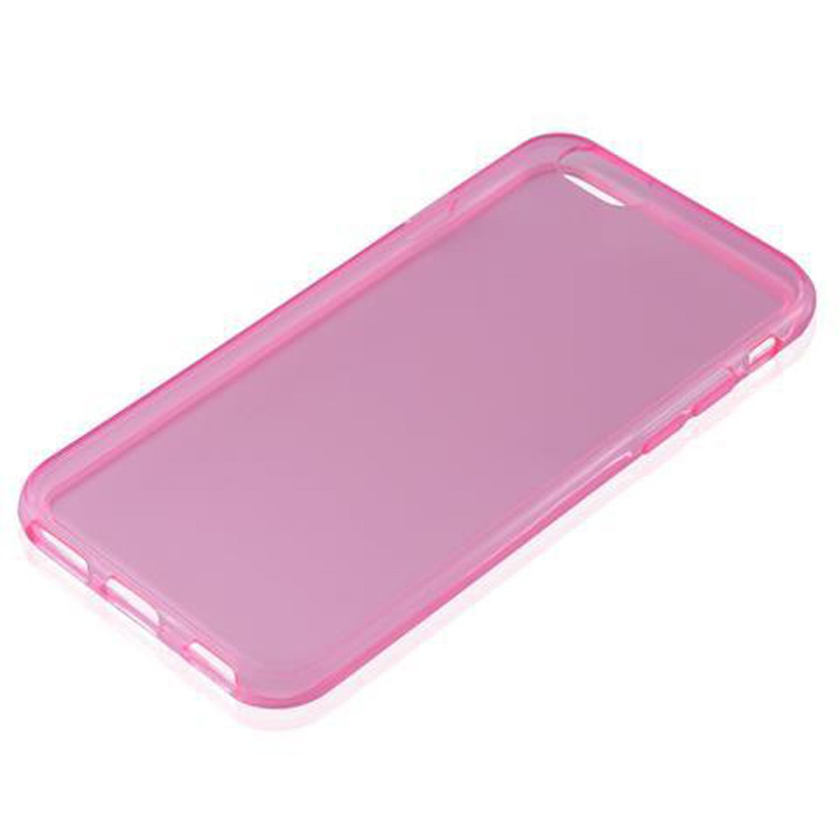 Una custodia per telefono rosa. È trasparente e ha aperture per i pulsanti e la fotocamera.