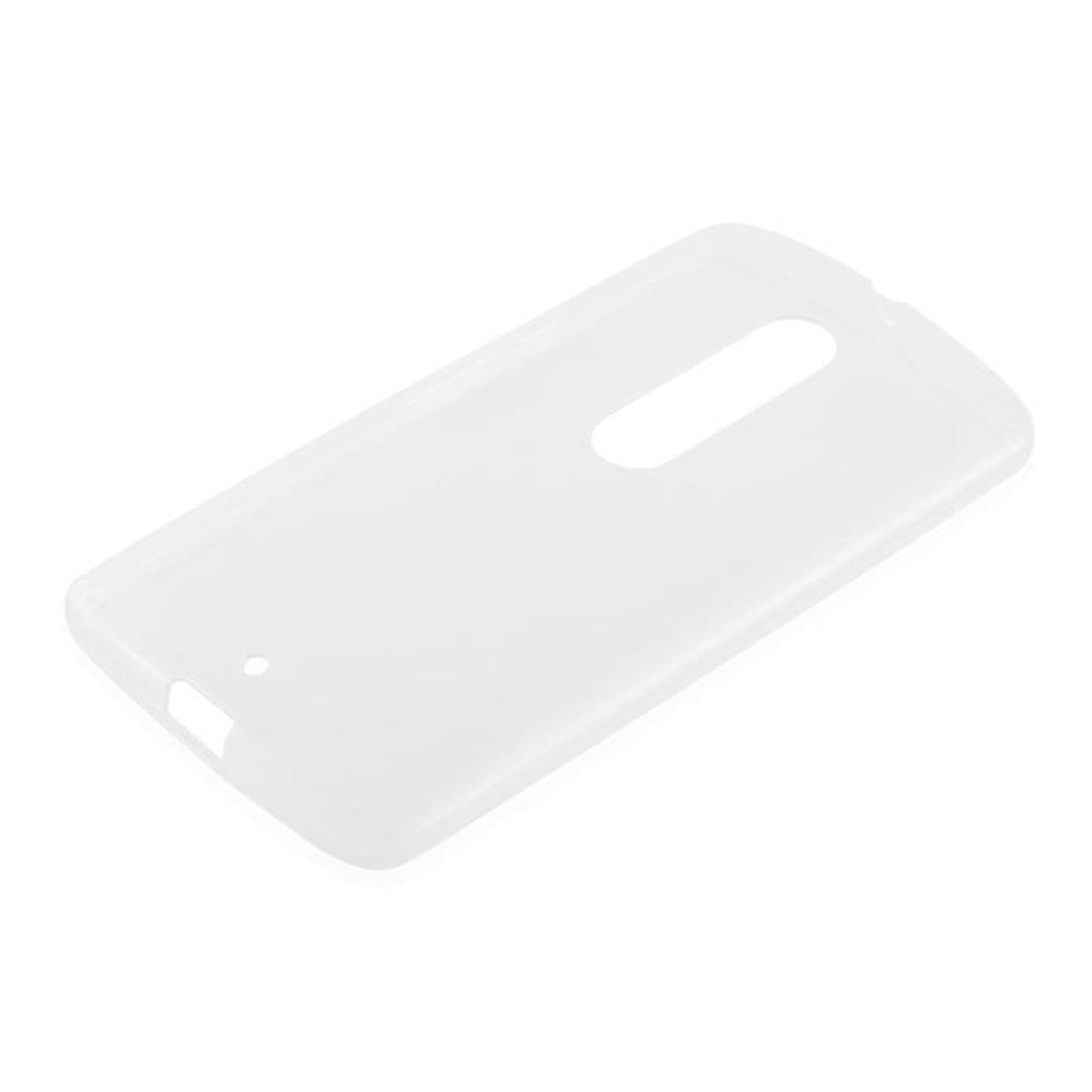 Una custodia bianca per telefono. La custodia ha un'apertura per la fotocamera e delle aperture per i pulsanti.