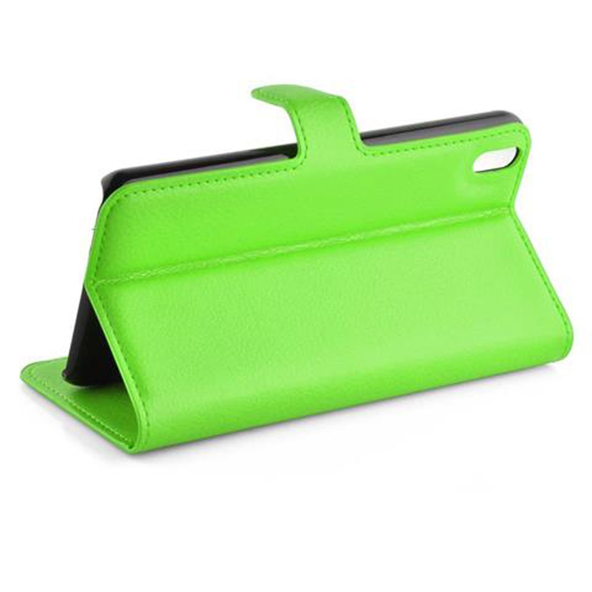 Eine grüne Handyhülle, offen, aufrecht stehend, um ein schwarzes Telefon zu halten. Die Hülle scheint aus Leder zu sein.