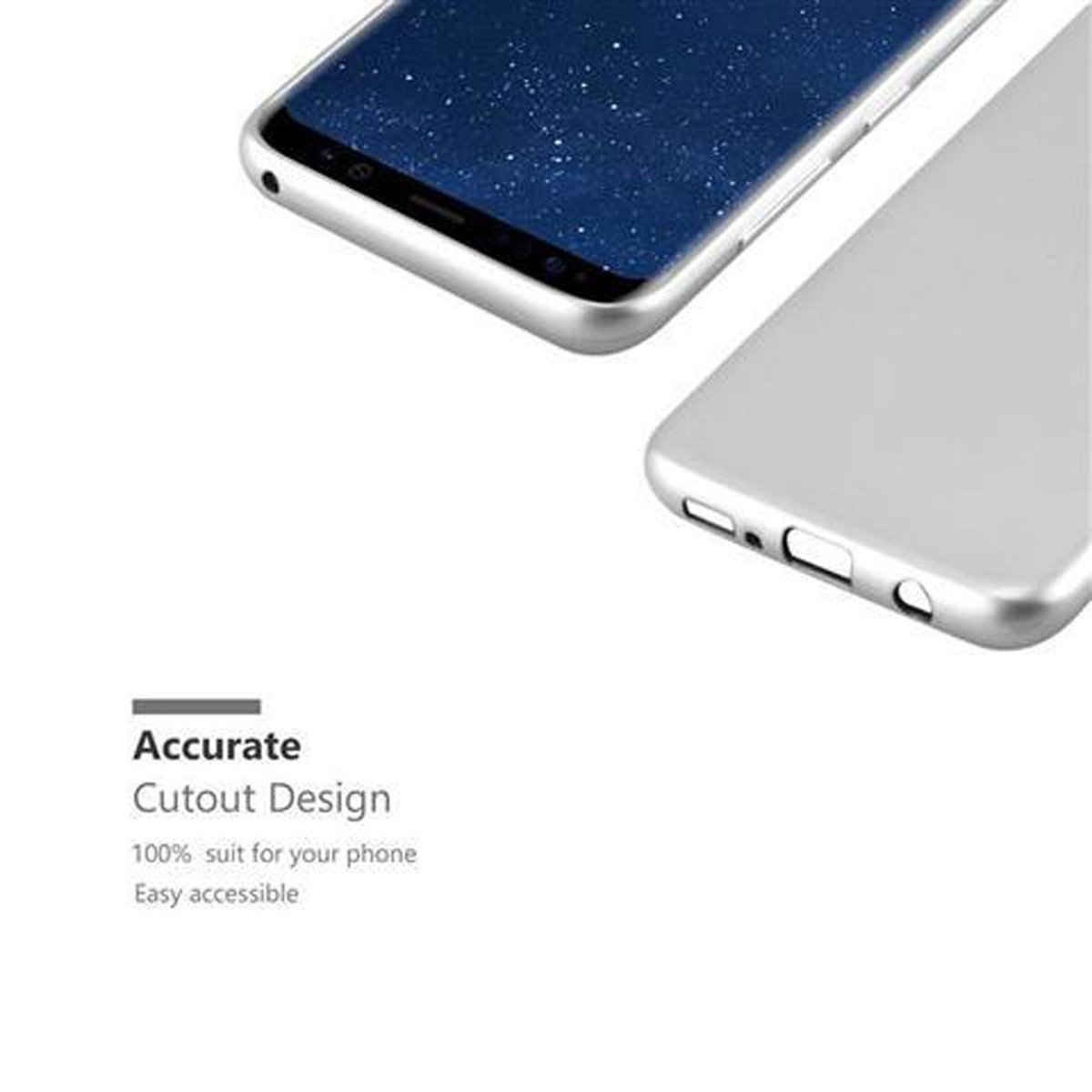 Custodia per telefono argentata con telefono. Testo: Design preciso. Schermo del telefono visibile.