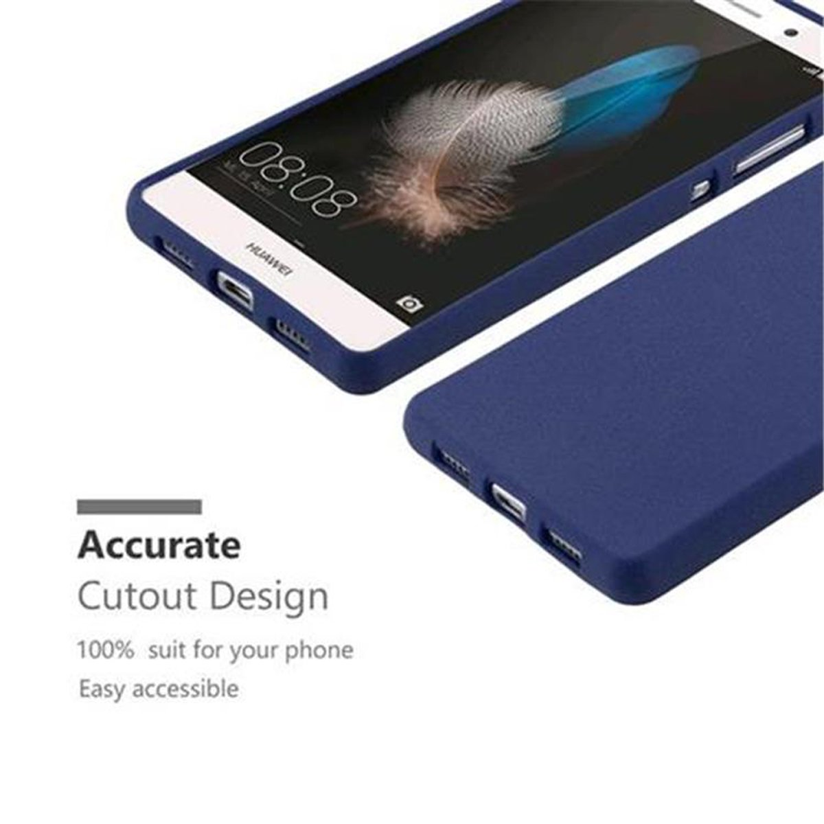 Custodia blu con telefono. 'Accurate Cutout Design'. Il telefono è visibile.