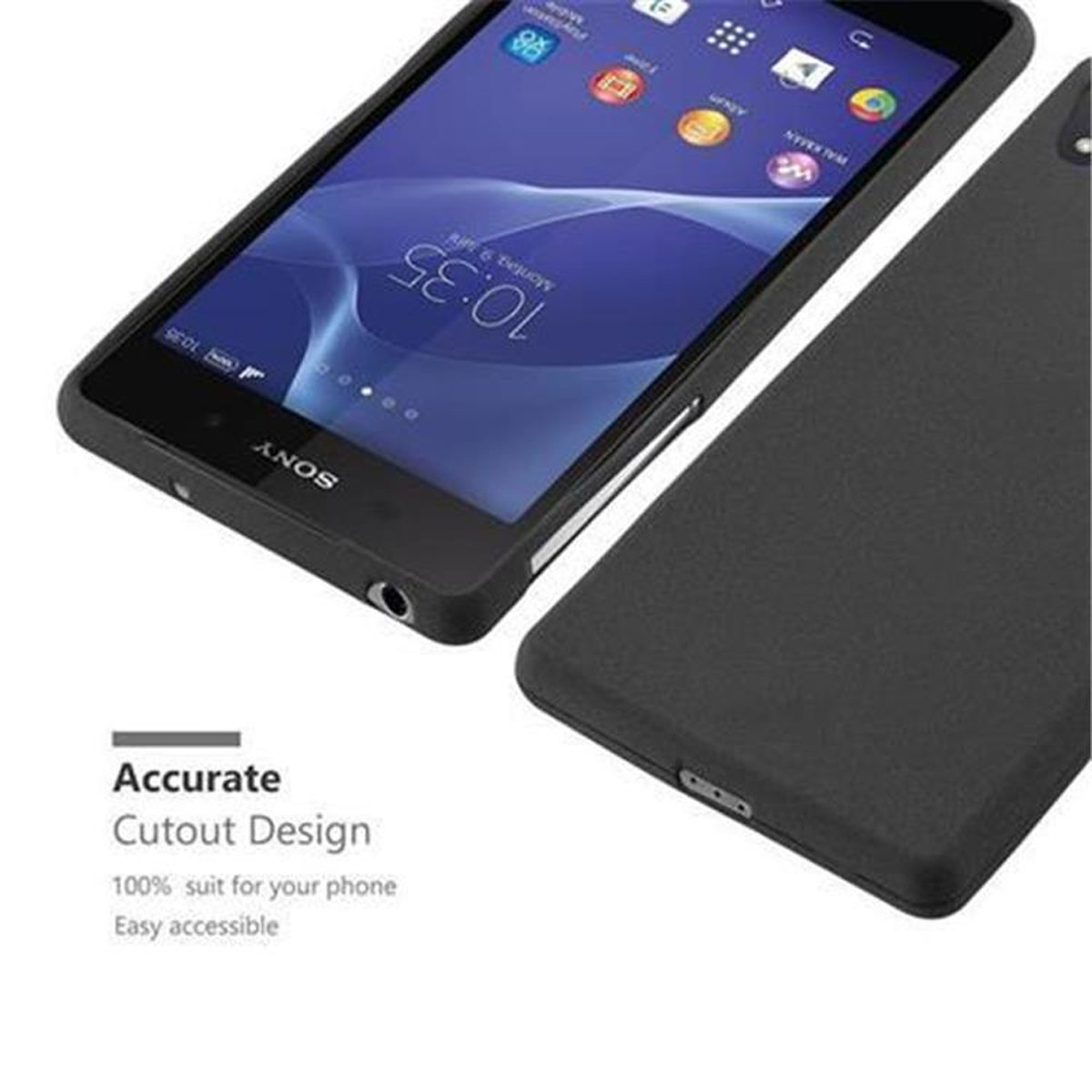Telefono nero con custodia. Design preciso, facile accesso.