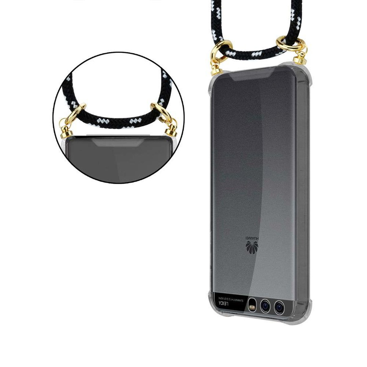 CADORABO Handy Kette mit SILBER Gold abnehmbarer P10, Hülle, Ringen, Backcover, Band und Kordel Huawei, SCHWARZ