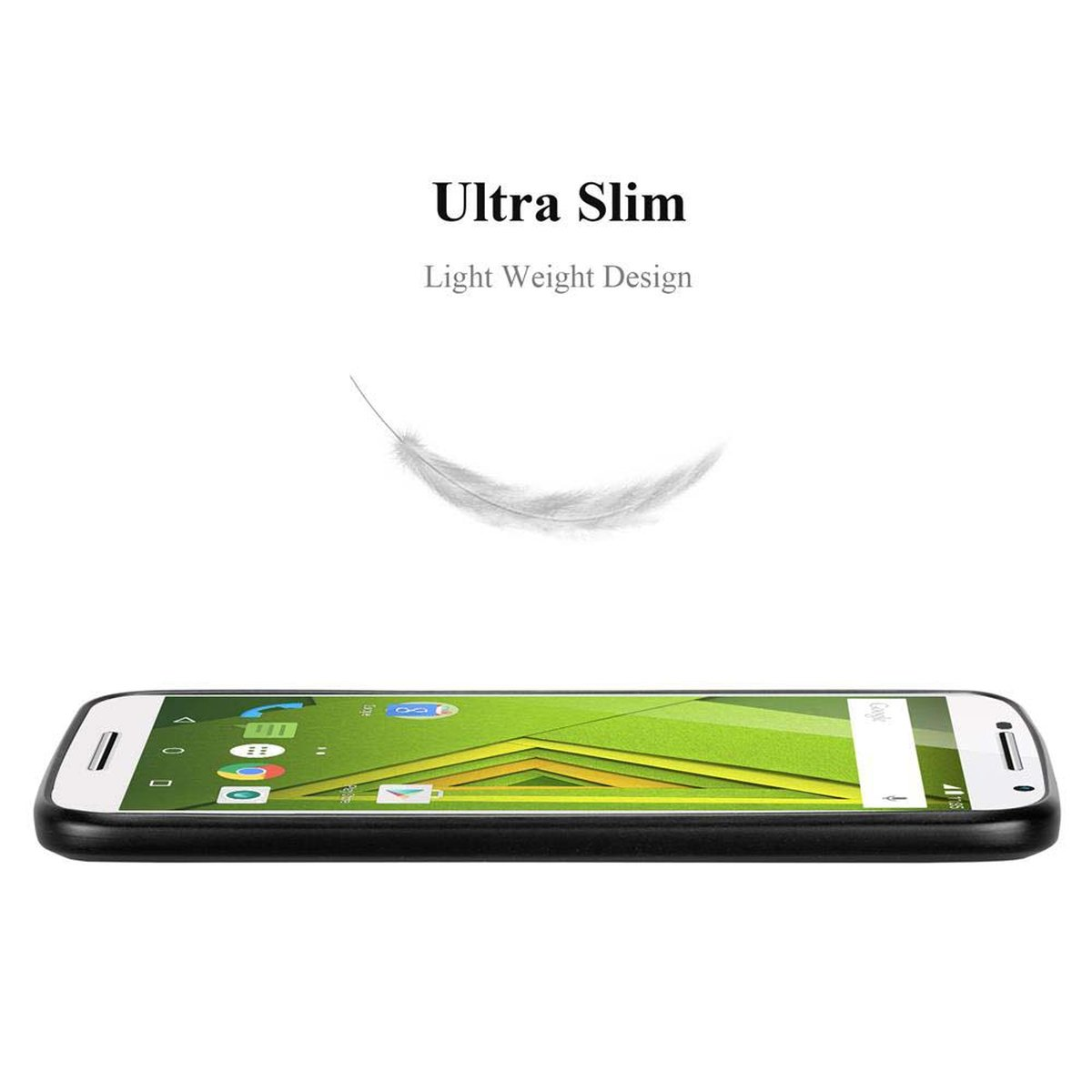 Ein weißes Telefon mit schwarzem Gehäuse wird auf weißem Hintergrund mit einer Federgrafik angezeigt.