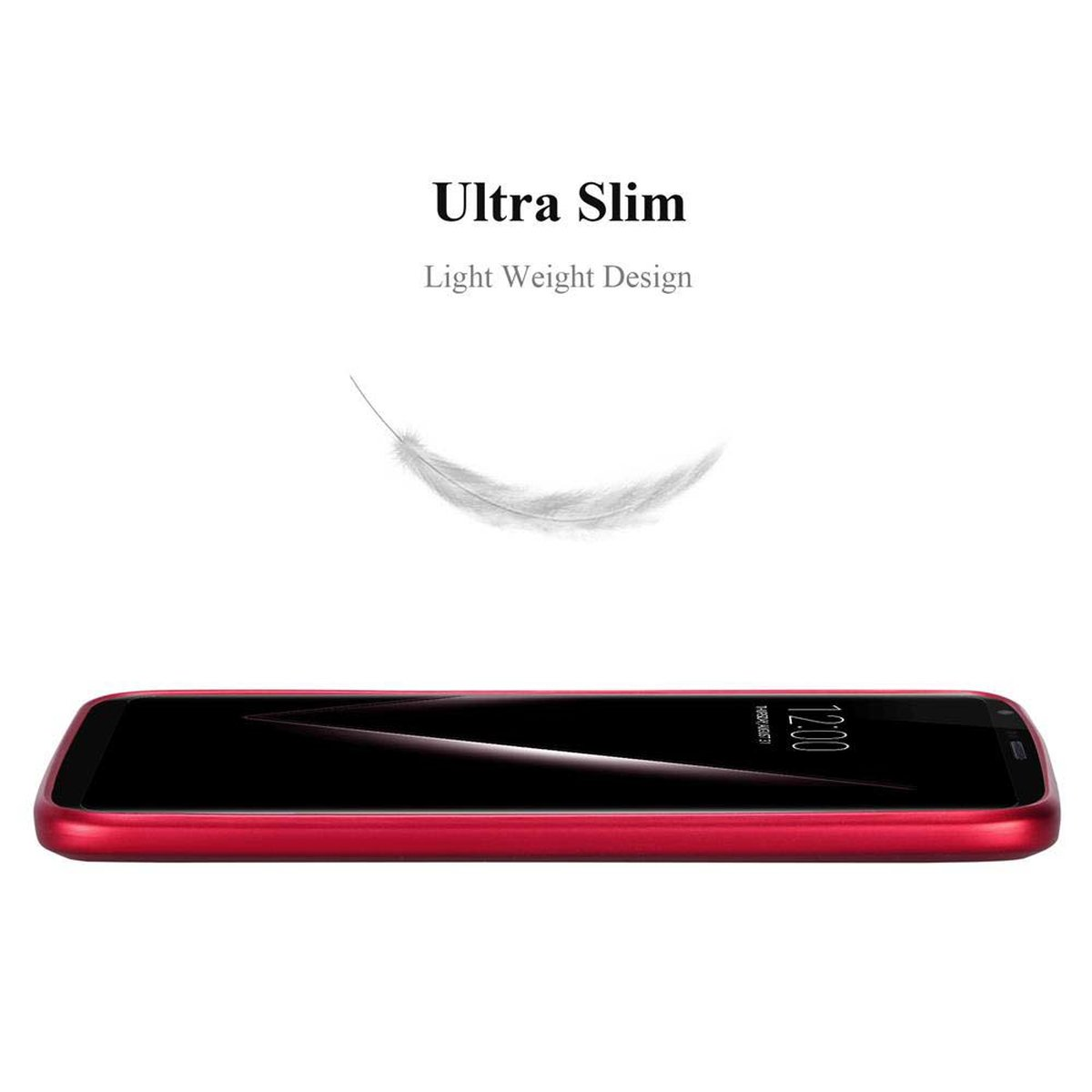 Ein rotes Telefon liegt flach mit einer Federgrafik darüber. Text: Ultra Slim, Light Weight Design.