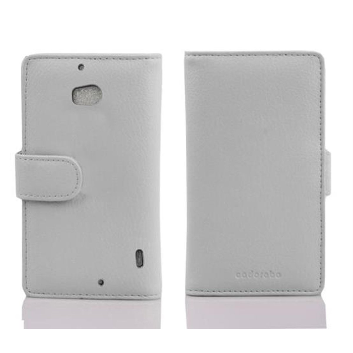 Custodia per telefono grigio chiaro, anteriore e posteriore. Chiusura magnetica sul davanti. Il retro ha un ritaglio per la fotocamera.