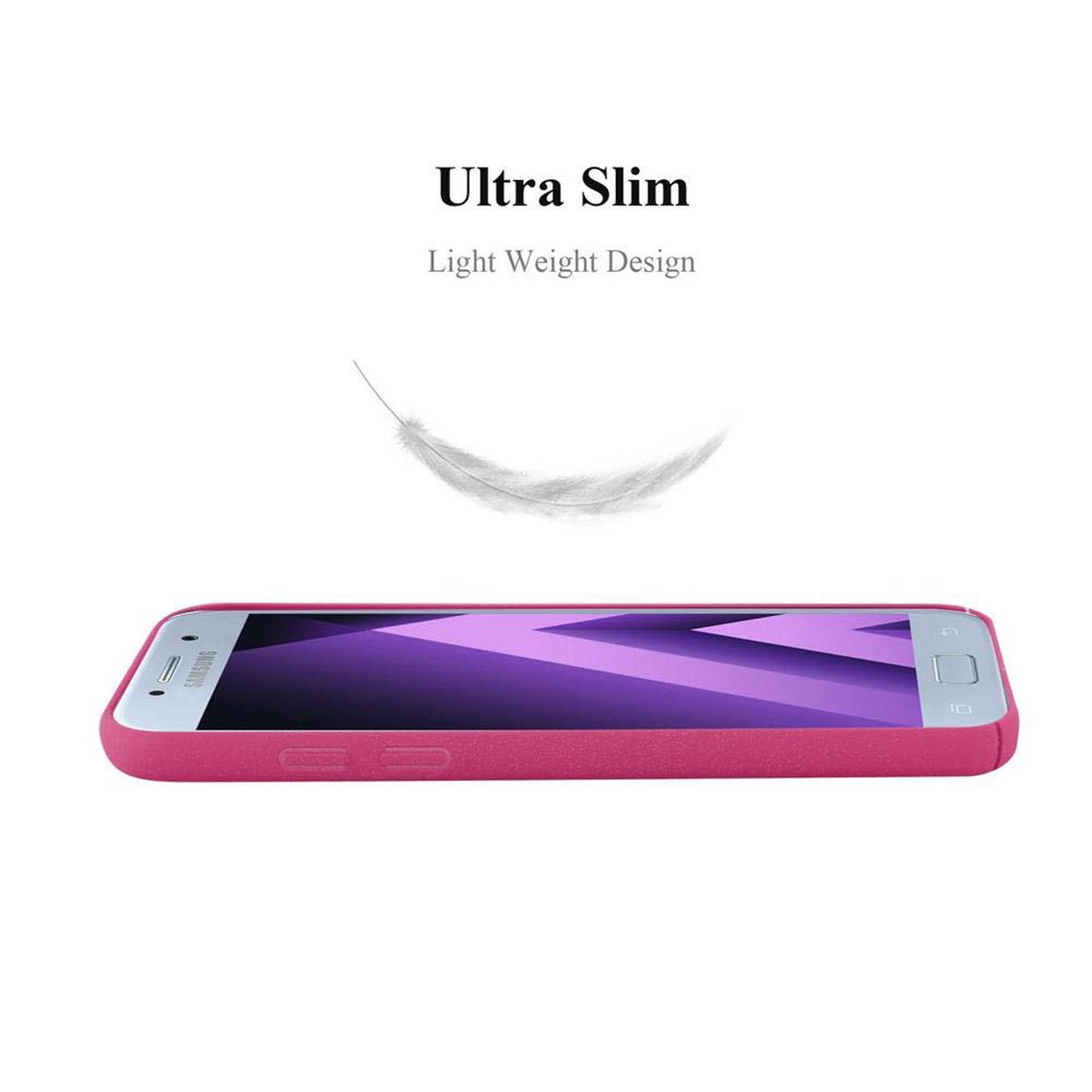 Eine rosa Handyhülle. Das Telefon ist schlank und rosa, mit einer weißen Feder darüber.