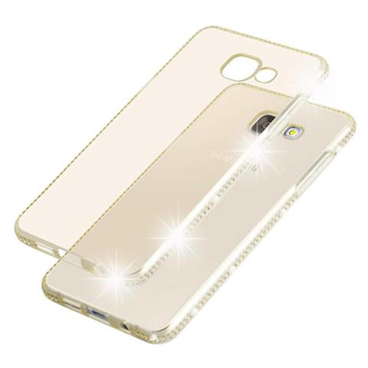 Una custodia dorata per telefono con un telefono all'interno, con una custodia dorata semplice sul retro. La custodia ha strass.