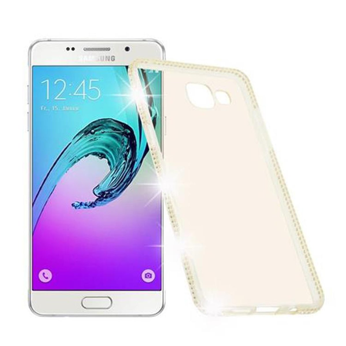 Smartphone bianco con custodia trasparente e scintillante. Sullo schermo è visualizzata l'ora 12:45.