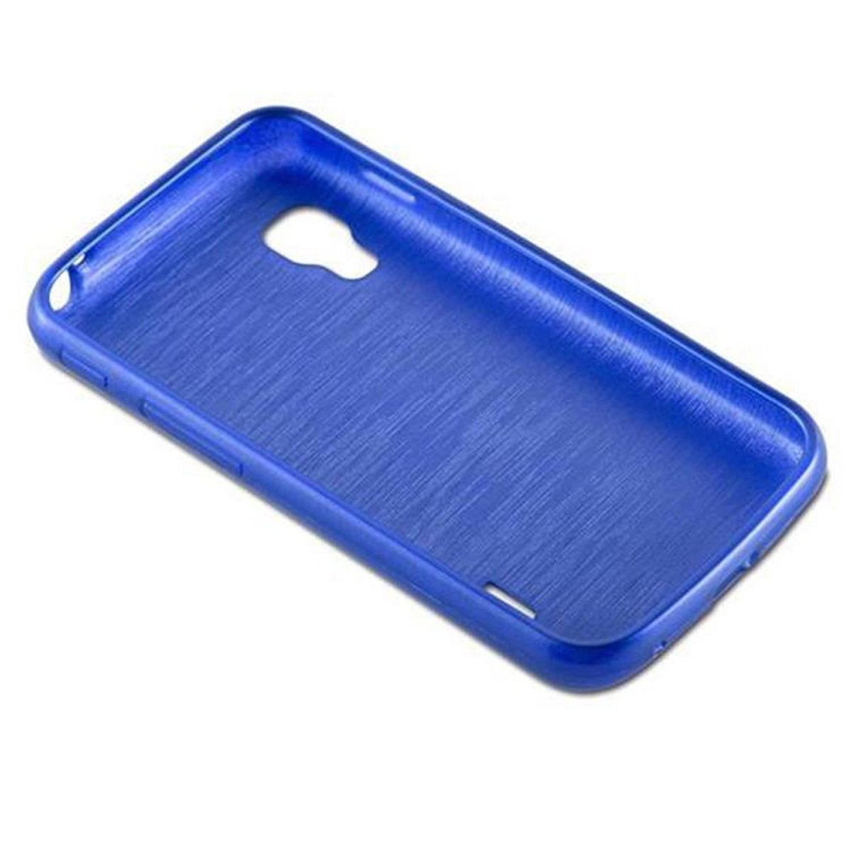 Funda azul para teléfono con superficie texturizada, en ángulo, sobre fondo blanco.