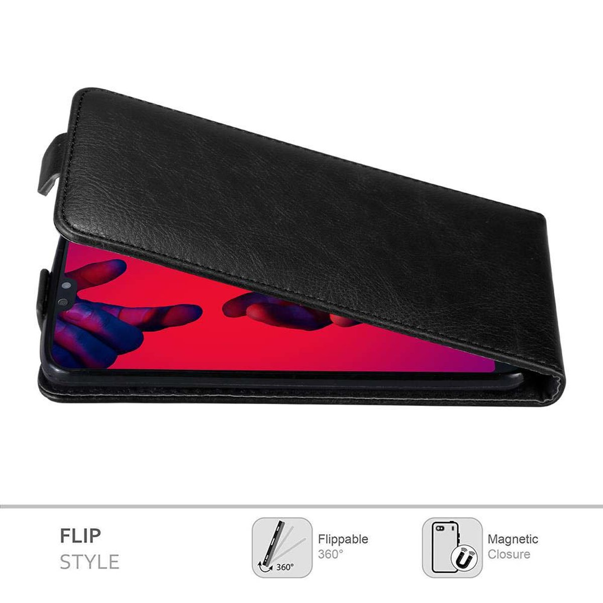 Funda negra para teléfono abierta, con el teléfono dentro. Estilo flip.