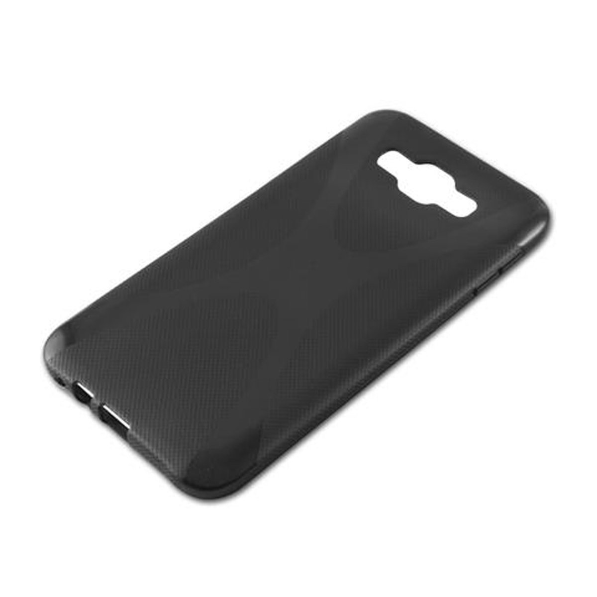 Custodia per telefono nera con fori per fotocamera e pulsanti. Ha una superficie leggermente strutturata.