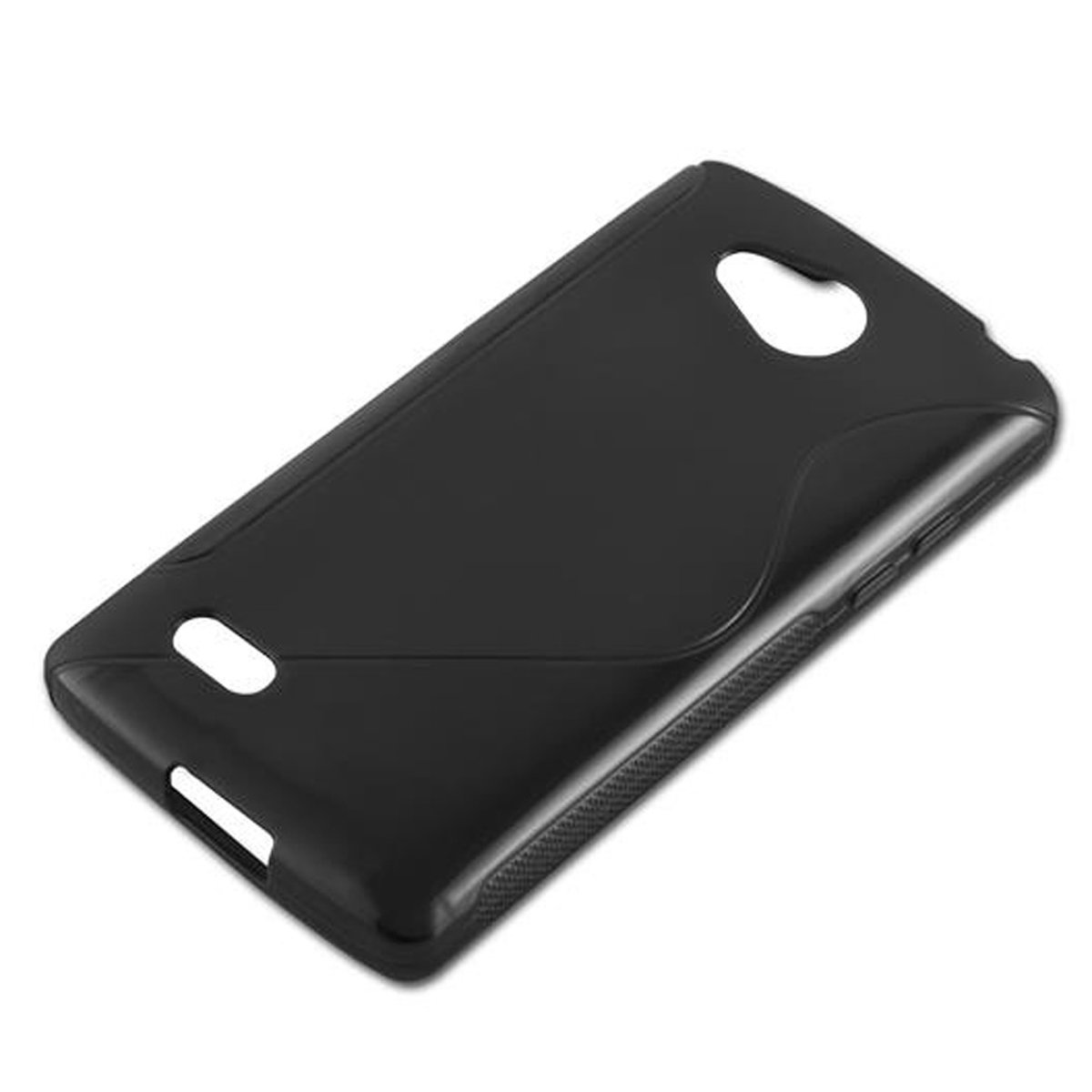 Custodia per telefono nera. La custodia ha ritagli per fotocamera, flash e altre porte. È angolata.