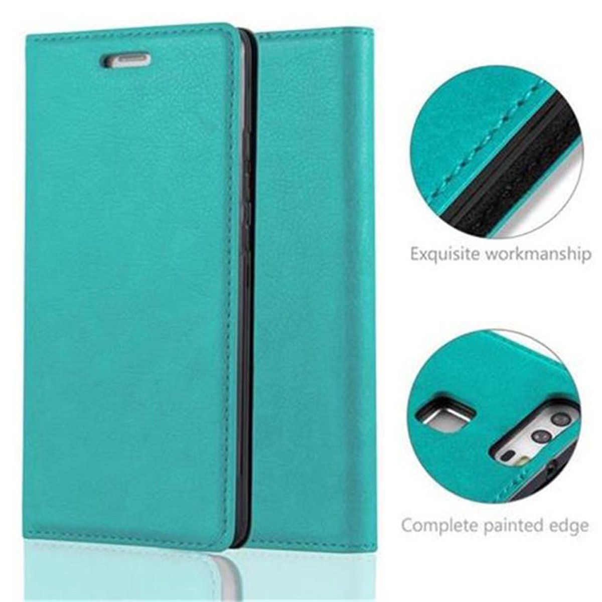 Funda de teléfono color turquesa. Vistas detalladas resaltan costuras y borde pintado completo.