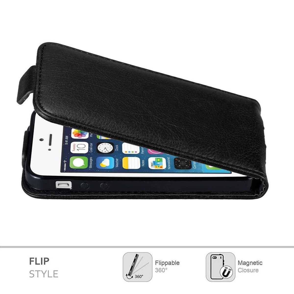 Funda de teléfono negra y teléfono con tapa abatible abierta. Texto: 'Estilo Flip', 'Giro 360°', 'Cierre magnético'.