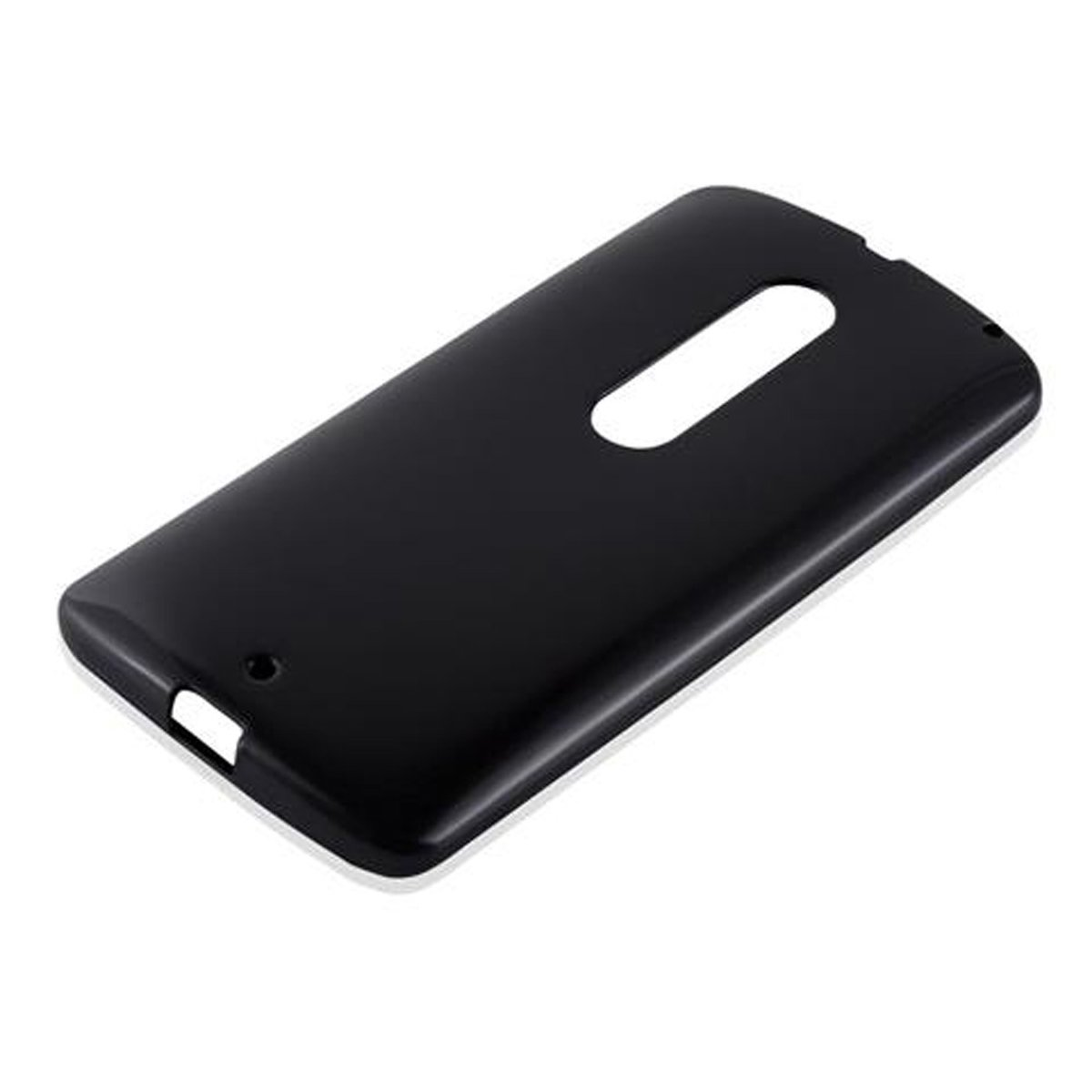 Custodia nera per telefono angolata, con foro per la fotocamera. Sfondo bianco.