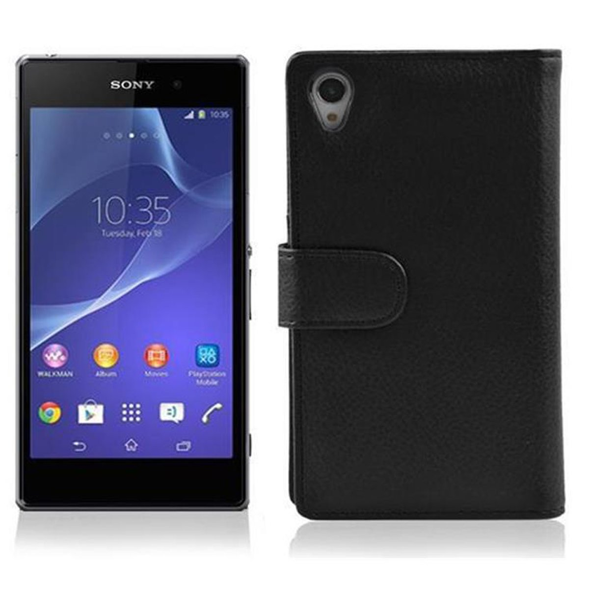 Un teléfono negro con funda negra y logotipo de Sony, mostrando la hora.
