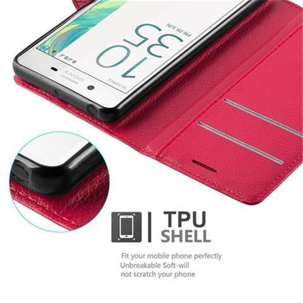 Custodia rossa per telefono con telefono all'interno, testo 'TPU SHELL' e 'SOFT TPU'.