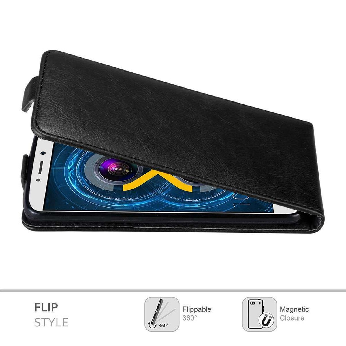 Custodia nera per telefono, aperta, mostra un telefono. Il telefono ha un display, in stile flip.