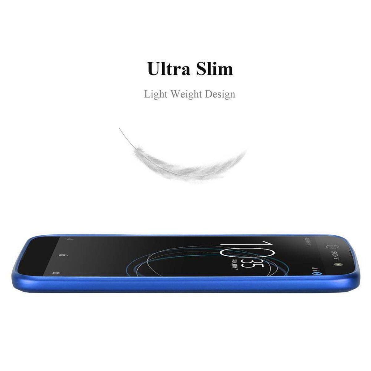 Blaues Telefon auf weißem Hintergrund. Text zeigt ultradünnes Design, und eine Feder ist sichtbar.