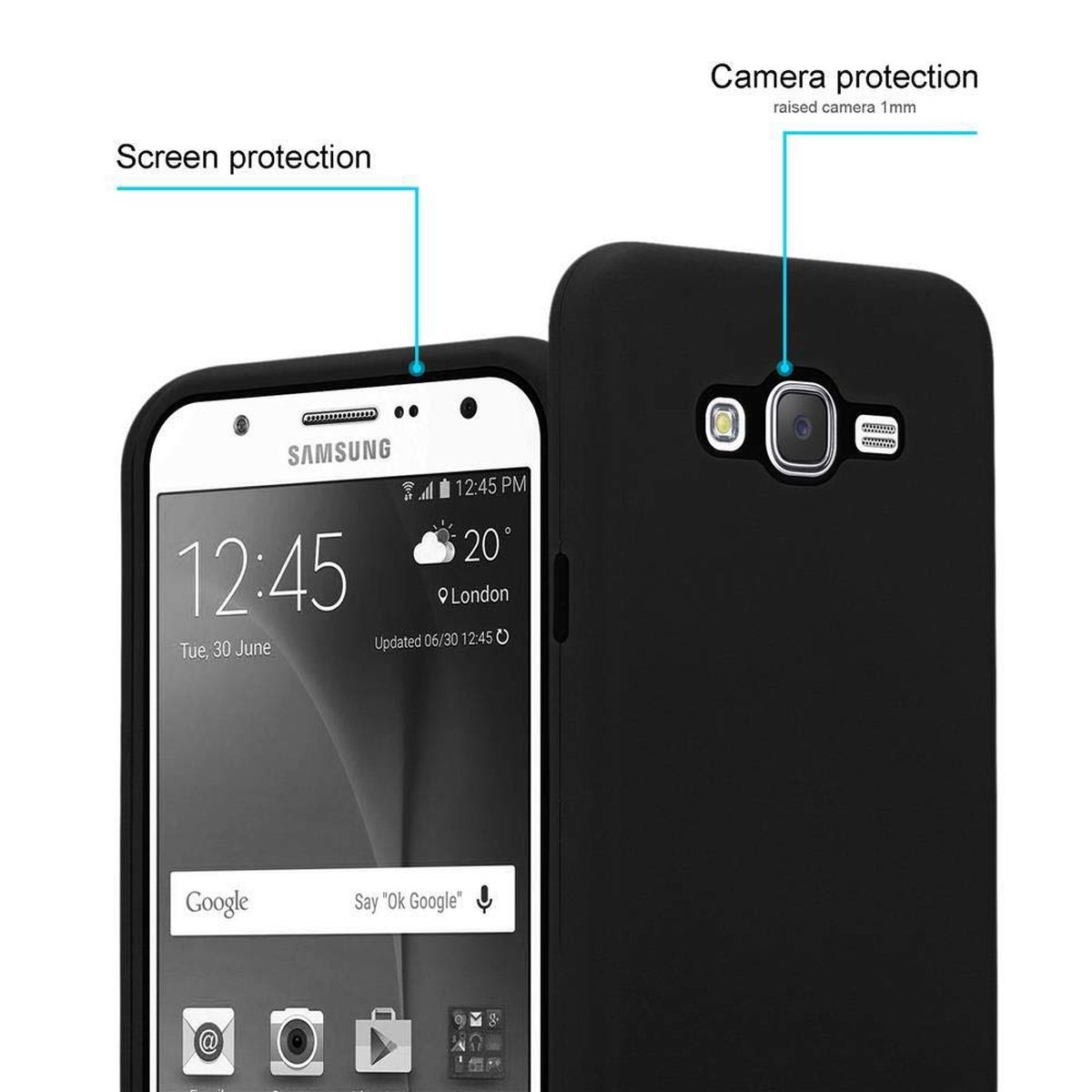 Un telefono nero con una custodia, che mostra uno schermo con informazioni sull'ora e sulla posizione.