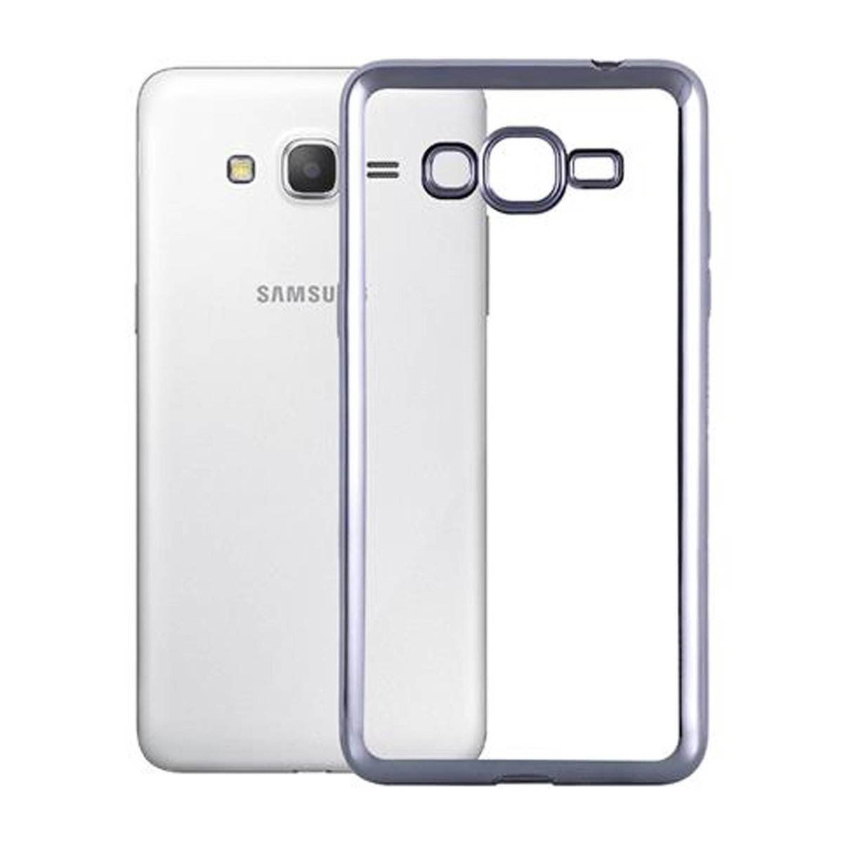 Custodia trasparente su un telefono bianco. La custodia ha un bordo trasparente. Logo Samsung visibile.