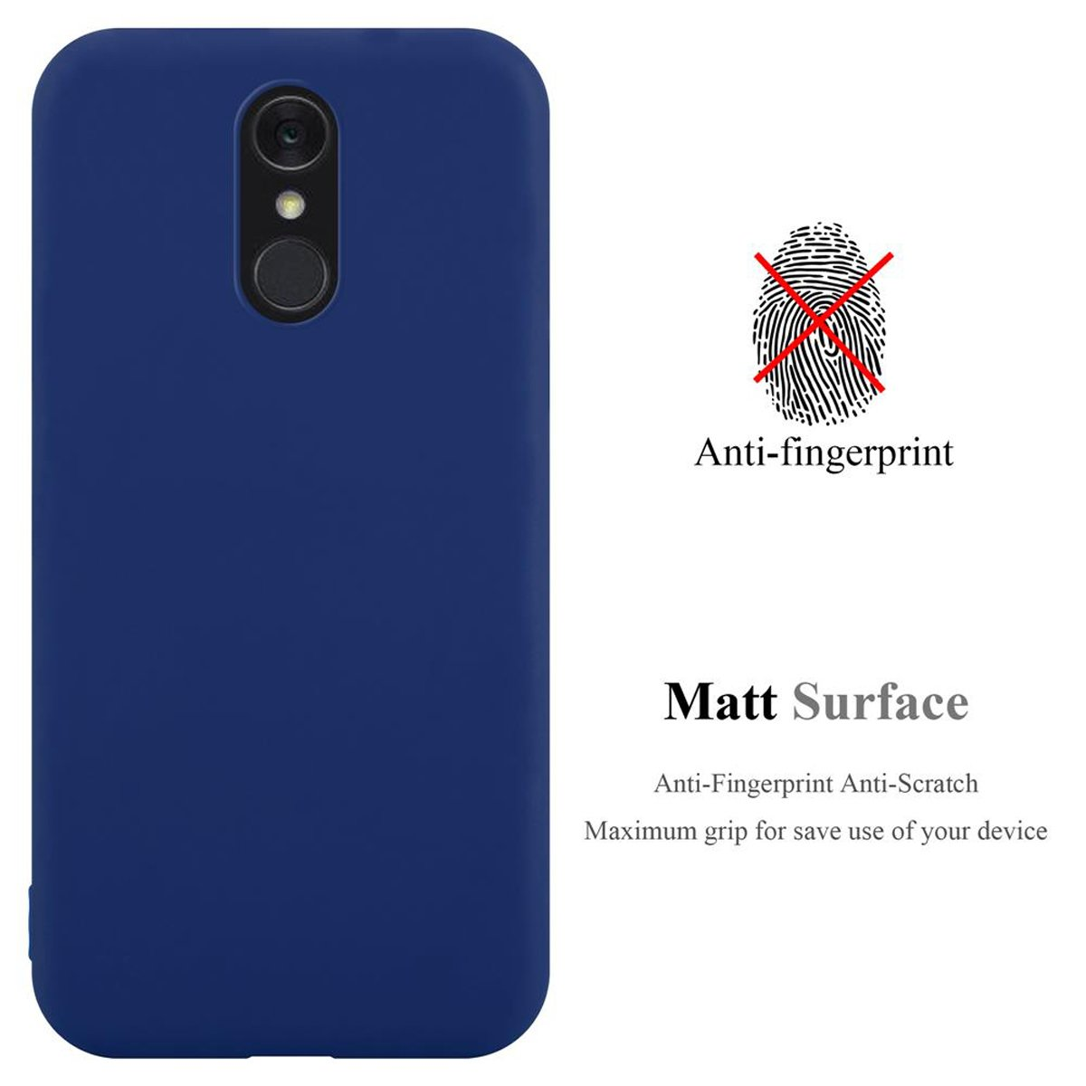 Una custodia blu con testo che dice anti-impronte digitali, superficie opaca e un simbolo di impronta digitale.