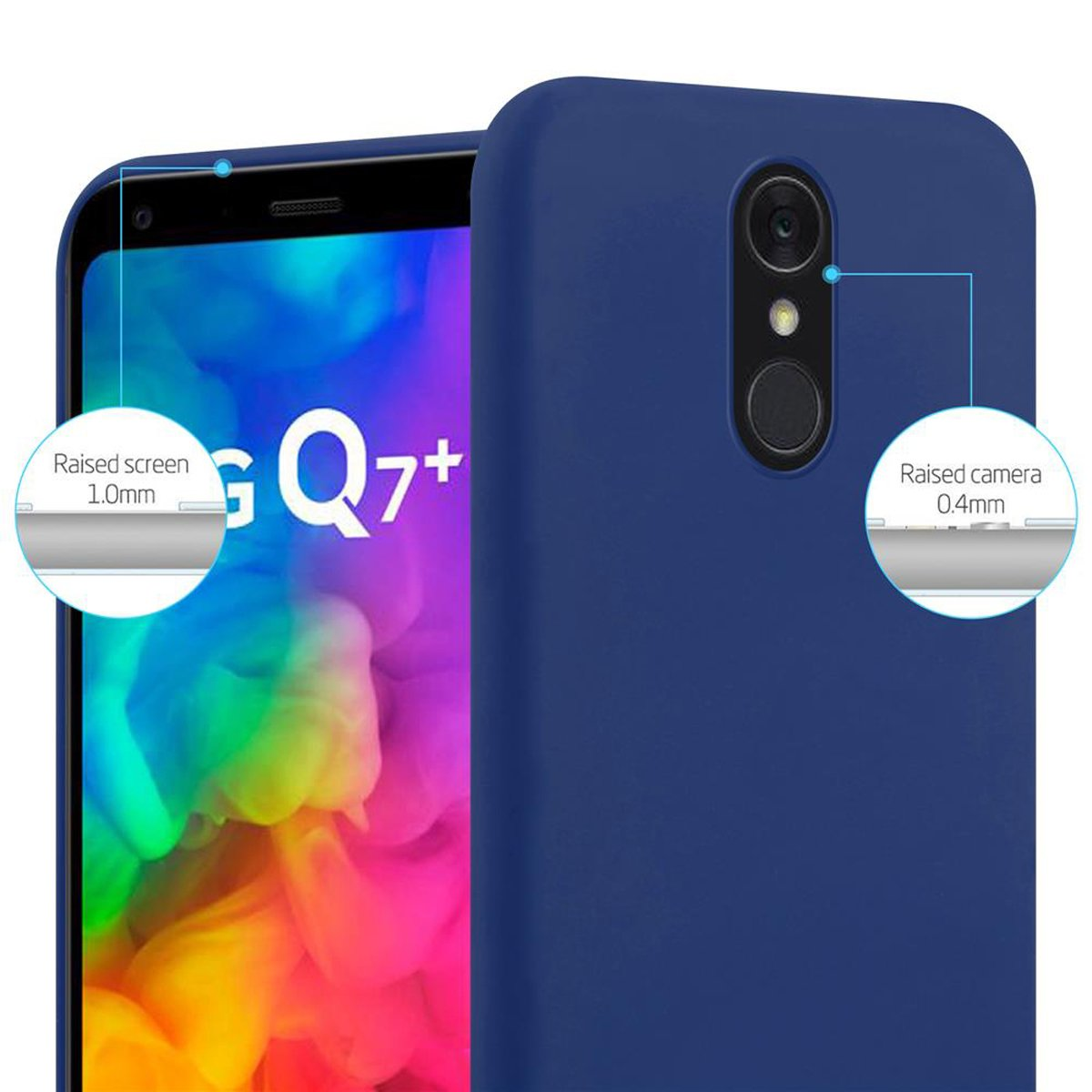 Custodia per telefono blu. La custodia mostra la protezione rialzata dello schermo e della fotocamera.