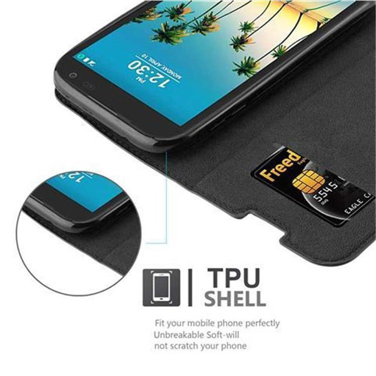 Funda de teléfono negra con una tarjeta dentro. Texto: TPU SHELL. Adapta tu teléfono perfectamente.