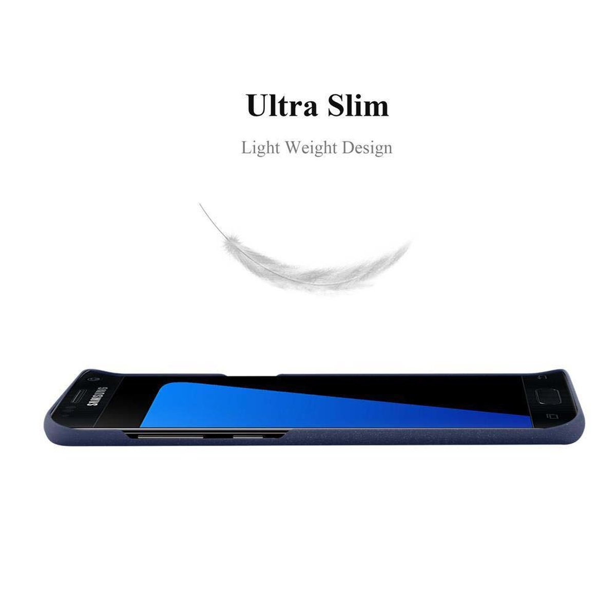 Un teléfono negro plano con pantalla azul. Una pluma flota arriba. Las palabras 'Ultra Slim' son visibles.