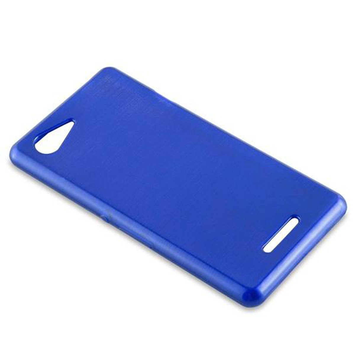 Custodia per telefono blu, vista dall'alto. Ci sono fori per la fotocamera e il flash.
