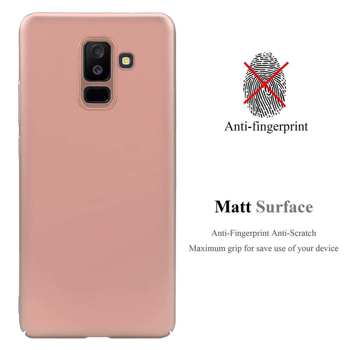 Eine hellrosa Handyhülle. Der Text umfasst Matt Surface, Anti-Fingerprint und Maximum Grip.