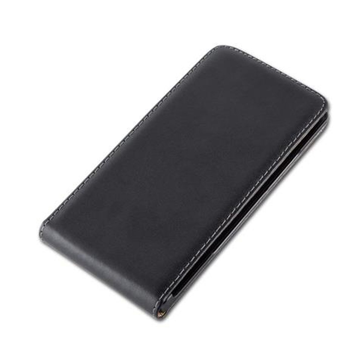 Funda de teléfono negra, cerrada. Costuras blancas a lo largo de los bordes.
