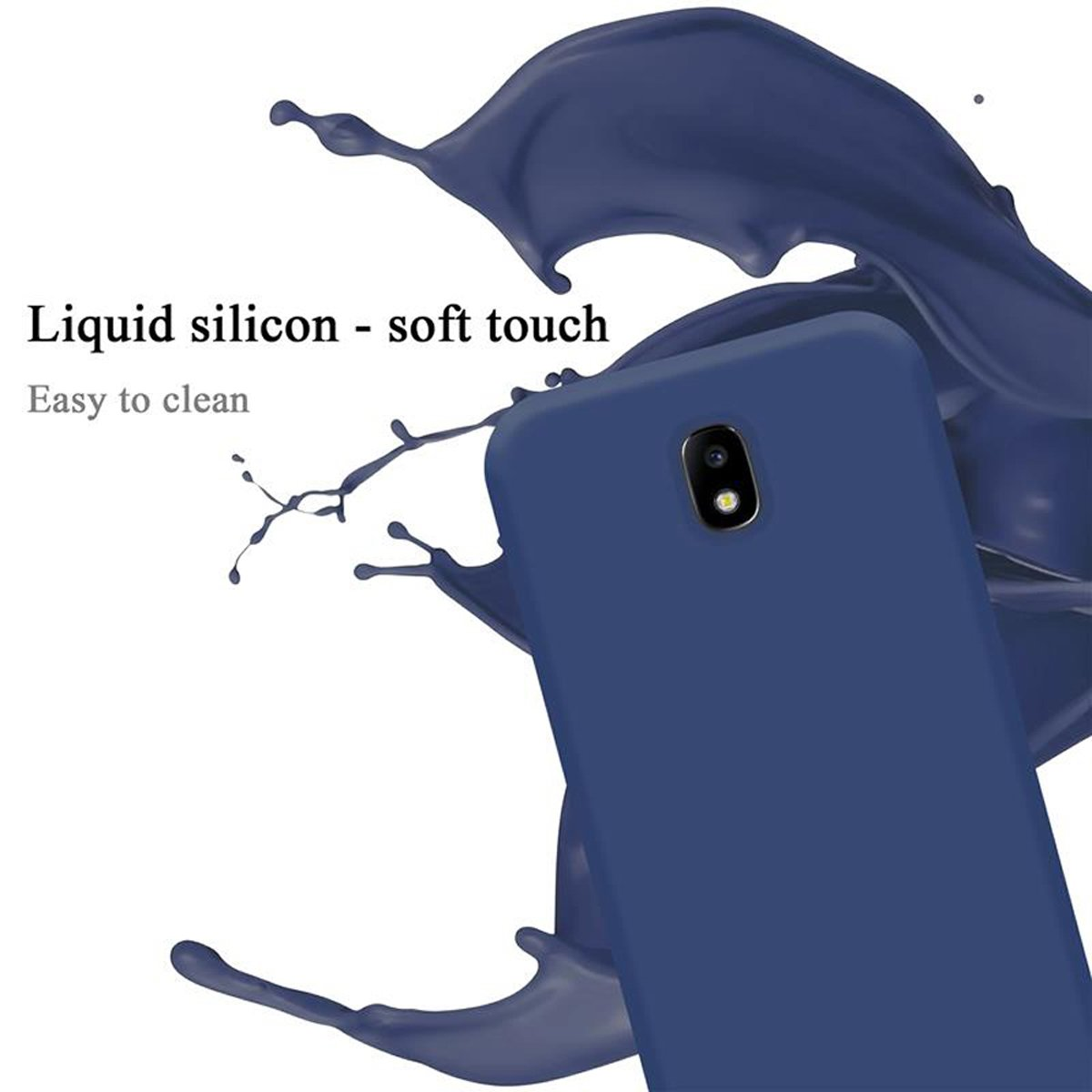 Una custodia blu con un telefono all'interno, effetto splash liquido, con il testo 'soft touch'.