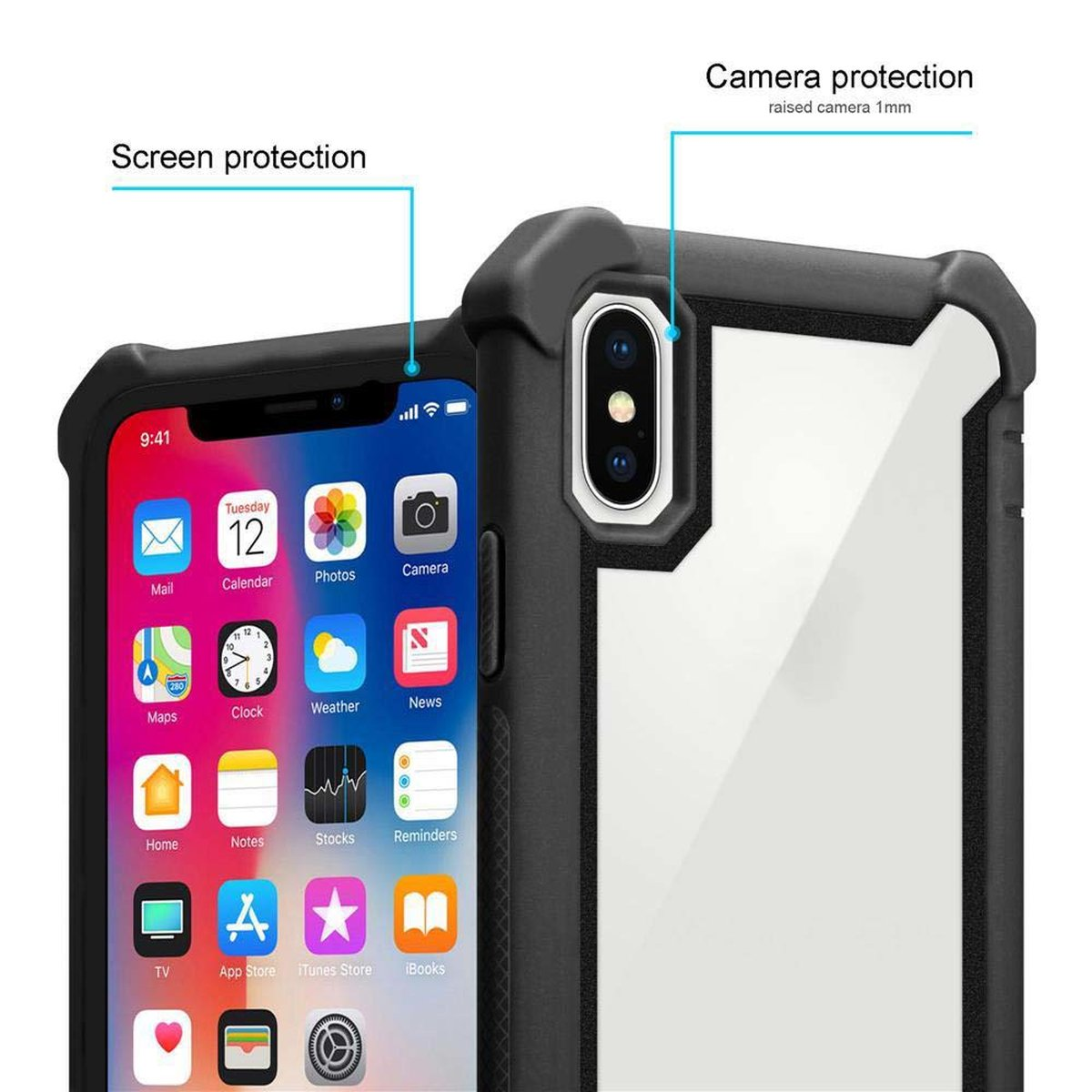 CADORABO Custodia 2 in 1 con bordo in silicone TPU e retro in vetro acrilico CUSTODIA per Apple iPhone XS MAX, Nero