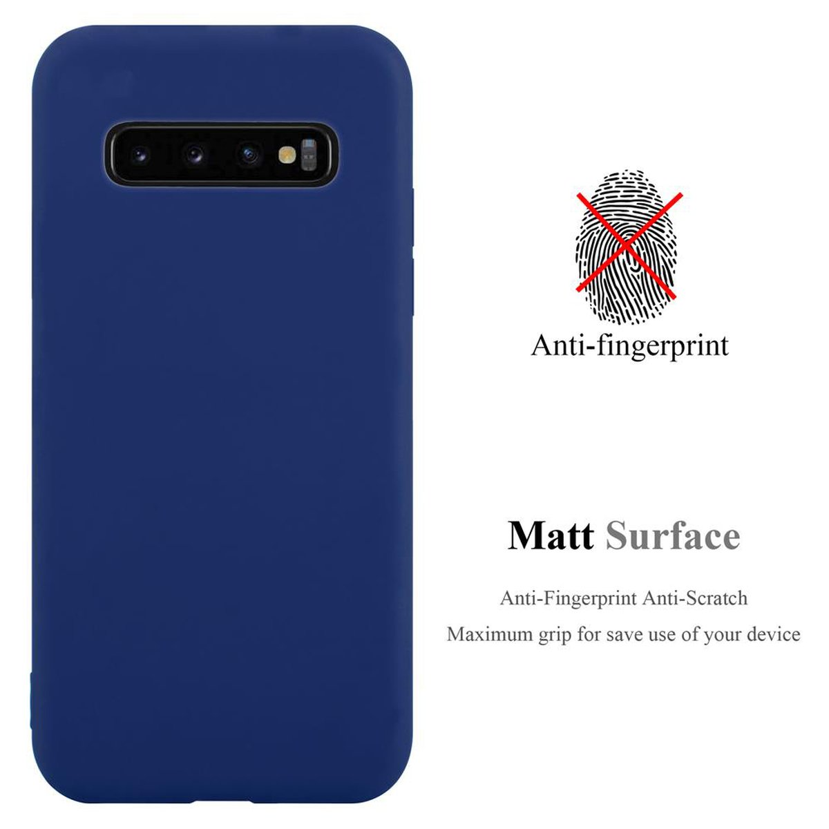 Dunkelblaue Handyhülle. Die Rückseite hat eine Anti-Fingerabdruck-Oberfläche mit dem Aufdruck Matt Surface.