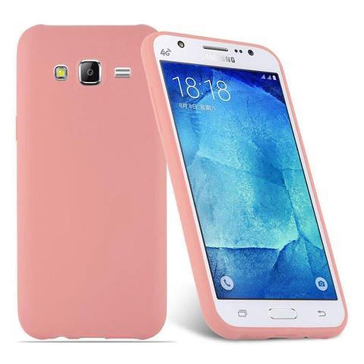 Teléfono rosa en funda rosa. El teléfono es blanco al frente. Descansa sobre superficie blanca.