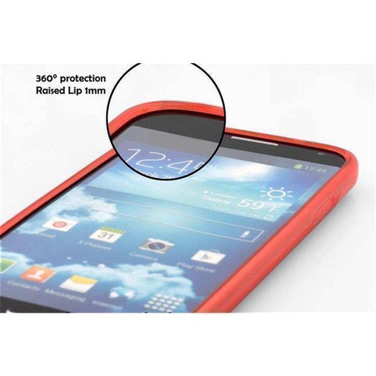 Telefono rosso in una custodia, che mostra l'ora. La custodia ha un bordo rialzato per protezione.