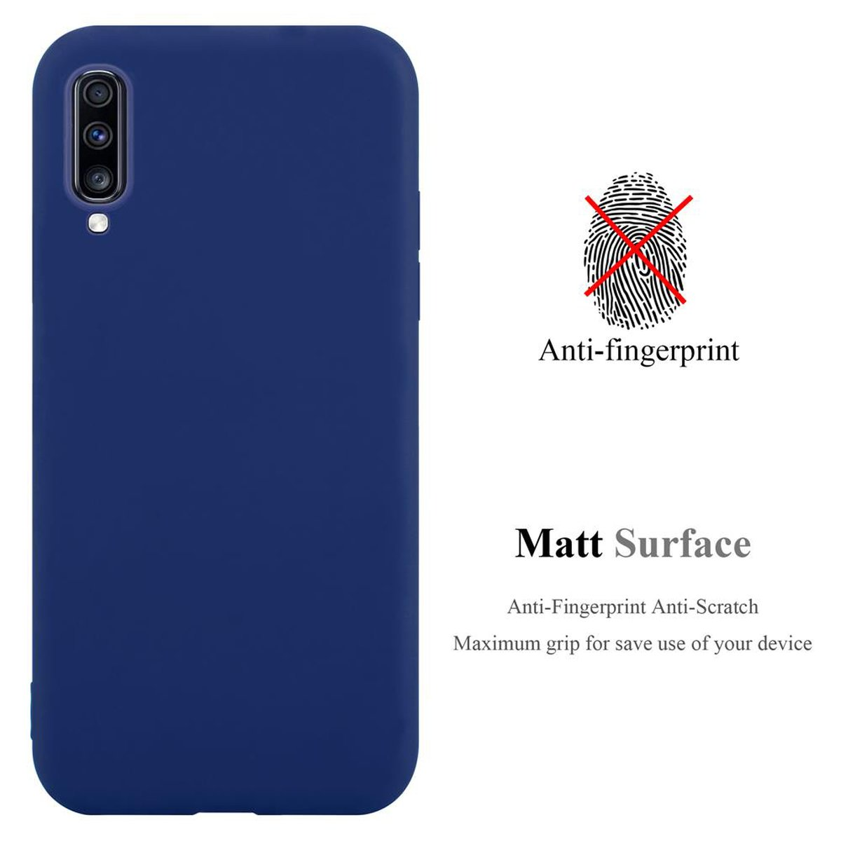 Eine marineblaue Handyhülle. Ein durchgestrichenes Fingerabdrucksymbol. Text: Matt Surface.